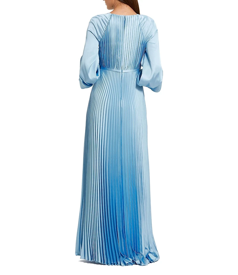 Mac Duggal Crew Neck Long Blouson Cuff Sleeve Pleated High Slit Gown