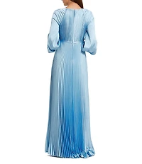Mac Duggal Crew Neck Long Blouson Cuff Sleeve Pleated High Slit Gown