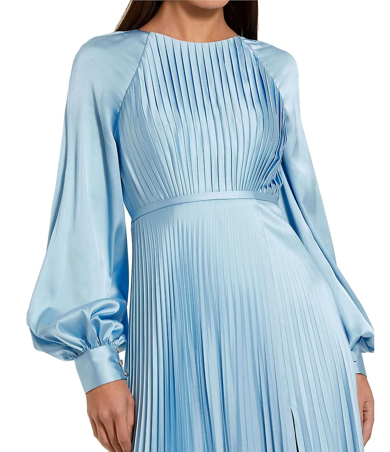 Mac Duggal Crew Neck Long Blouson Cuff Sleeve Pleated High Slit Gown