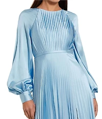 Mac Duggal Crew Neck Long Blouson Cuff Sleeve Pleated High Slit Gown