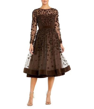Mac Duggal Illusion Round Neck Long Sleeve Velvet Trim Floral Fit & Flare Midi Dress