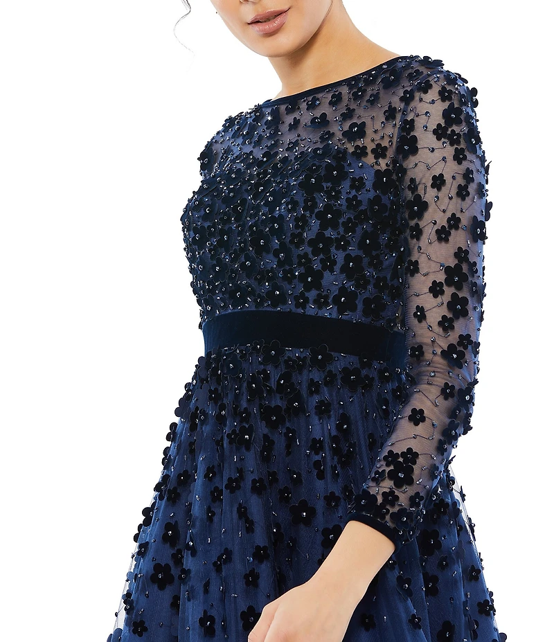 Mac Duggal Illusion Round Neck Long Sleeve Velvet Trim Floral Fit & Flare Midi Dress
