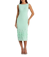 Mac Duggal Boat Neck Sleeveless 3D Floral Applique Crepe Sheath Midi Dress