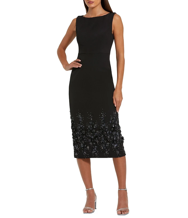 Mac Duggal Boat Neck Sleeveless 3D Floral Applique Crepe Sheath Midi Dress
