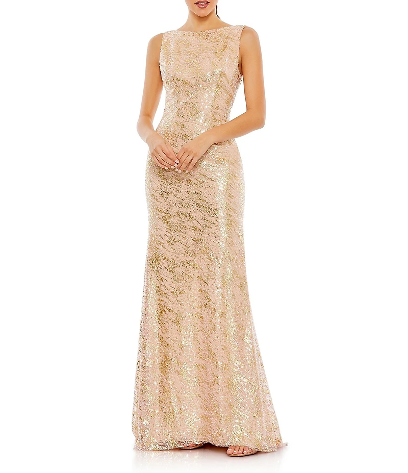 Mac Duggal Boat Neck Sleeveless Sequined Mesh Column Gown