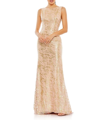 Mac Duggal Boat Neck Sleeveless Sequined Mesh Column Gown