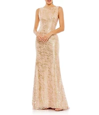 Mac Duggal Boat Neck Sleeveless Sequined Mesh Column Gown