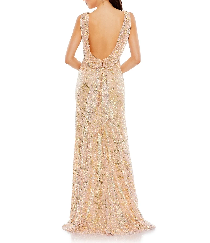 Mac Duggal Boat Neck Sleeveless Sequined Mesh Column Gown