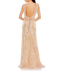 Mac Duggal Boat Neck Sleeveless Sequined Mesh Column Gown