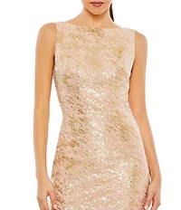Mac Duggal Boat Neck Sleeveless Sequined Mesh Column Gown