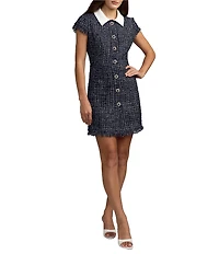 Mac Duggal Boucle Cap Sleeve Flower Details Mini Dress
