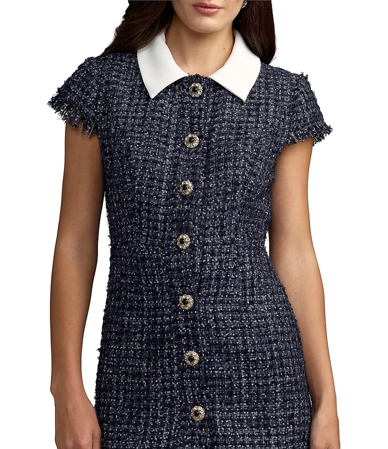 Mac Duggal Boucle Cap Sleeve Flower Details Mini Dress