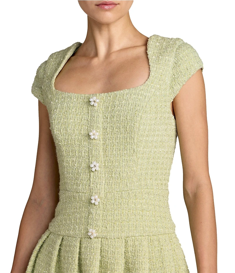 Mac Duggal Boucle Cap Sleeve Pleated Skirt Mini Dress