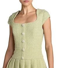 Mac Duggal Boucle Cap Sleeve Pleated Skirt Mini Dress