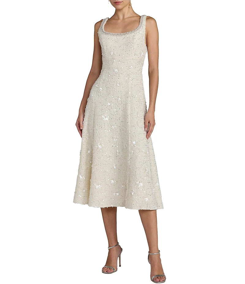 Mac Duggal Boucle Embellished Square Neck A-Line Midi Dress