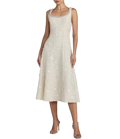 Mac Duggal Boucle Embellished Square Neck A-Line Midi Dress