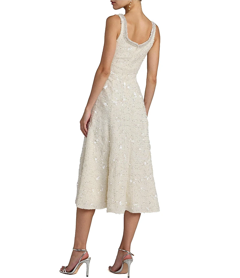 Mac Duggal Boucle Embellished Square Neck A-Line Midi Dress