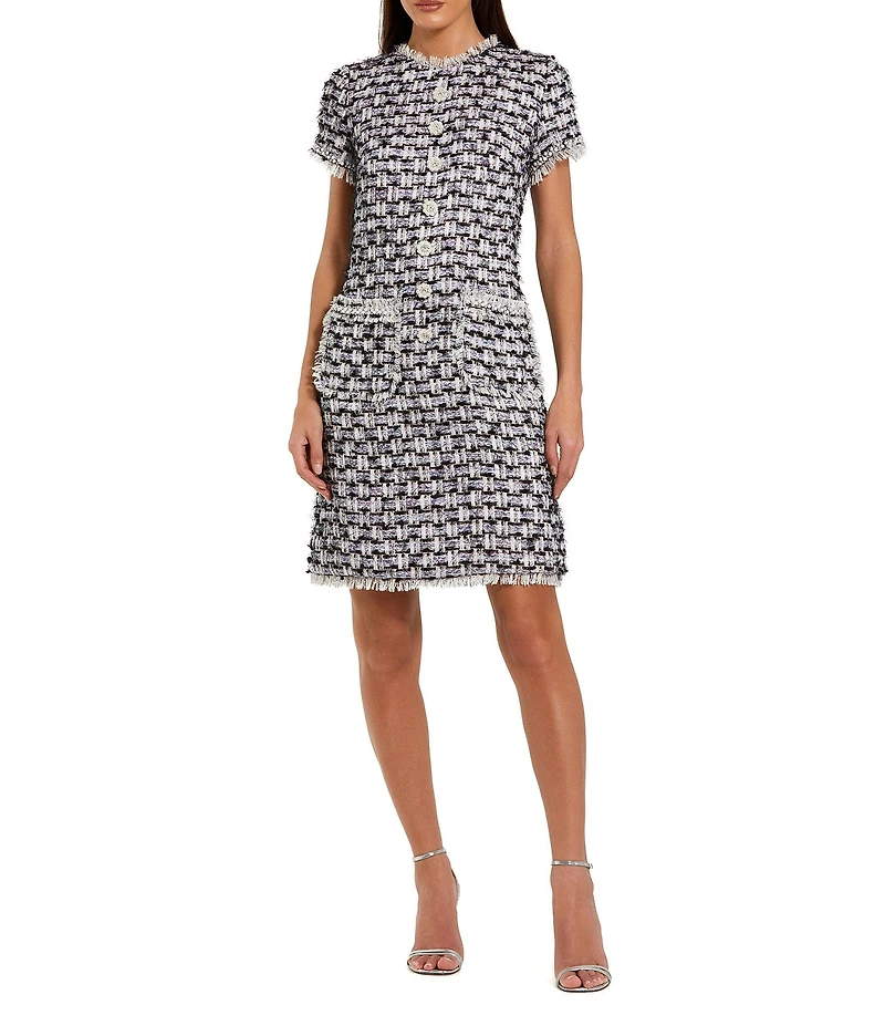 Mac Duggal Boucle High Neck Short Sleeves Floral Button Detail Shift Dress