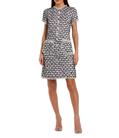 Mac Duggal Boucle High Neck Short Sleeves Floral Button Detail Shift Dress