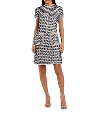 Mac Duggal Boucle High Neck Short Sleeves Floral Button Detail Shift Dress