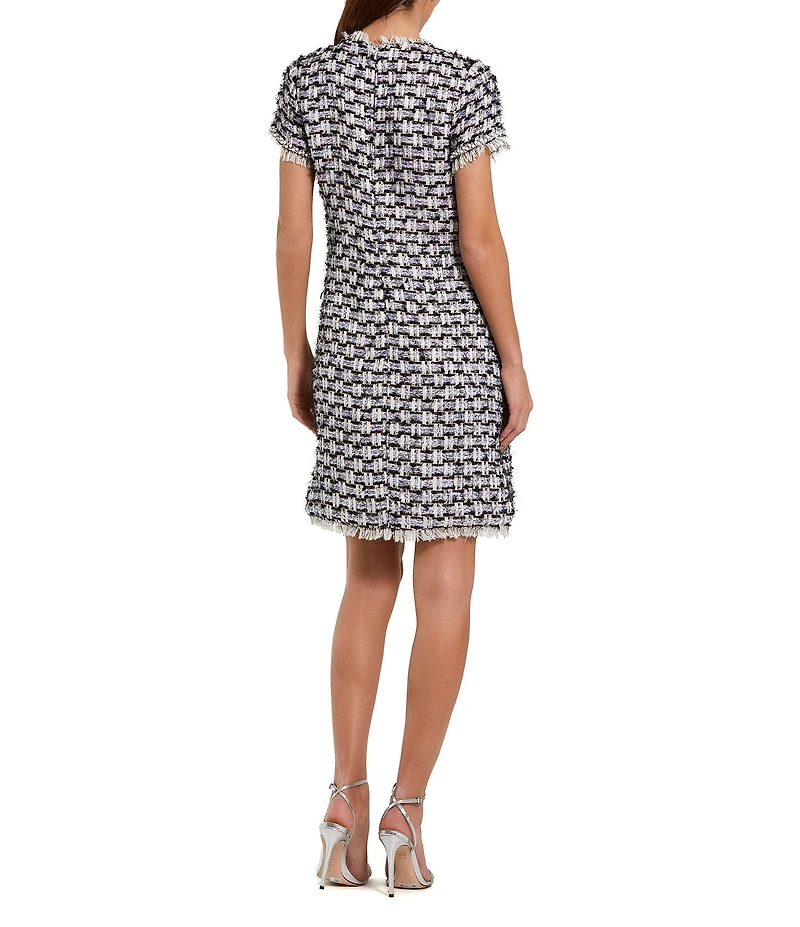 Mac Duggal Boucle High Neck Short Sleeves Floral Button Detail Shift Dress