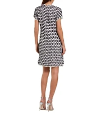 Mac Duggal Boucle High Neck Short Sleeves Floral Button Detail Shift Dress