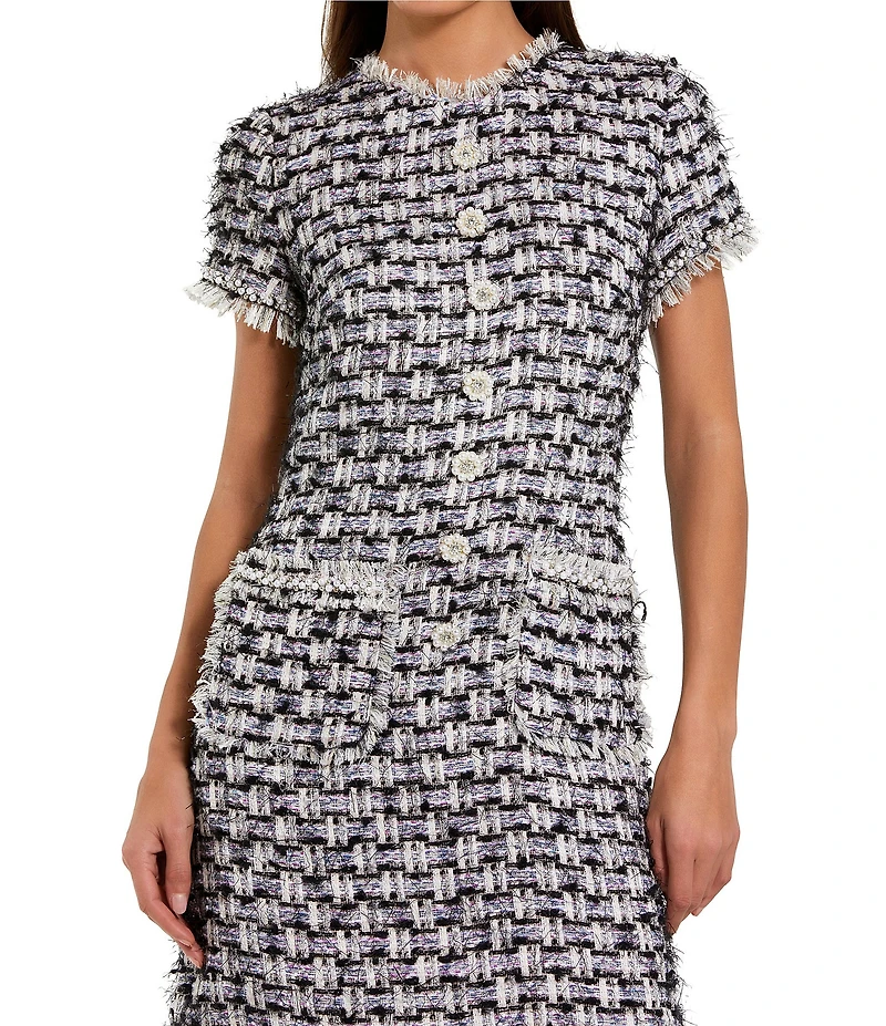 Mac Duggal Boucle High Neck Short Sleeves Floral Button Detail Shift Dress