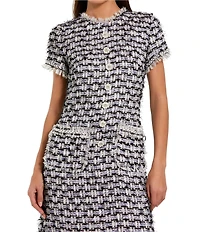 Mac Duggal Boucle High Neck Short Sleeves Floral Button Detail Shift Dress