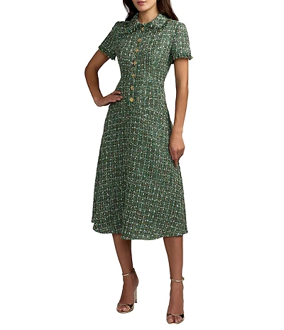 Mac Duggal Boucle Short Sleeve Button Up A-Line Midi Dress