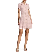 Mac Duggal Boucle Short Sleeve Button Up Pleated Mini Dress