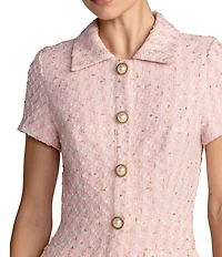 Mac Duggal Boucle Short Sleeve Button Up Pleated Mini Dress