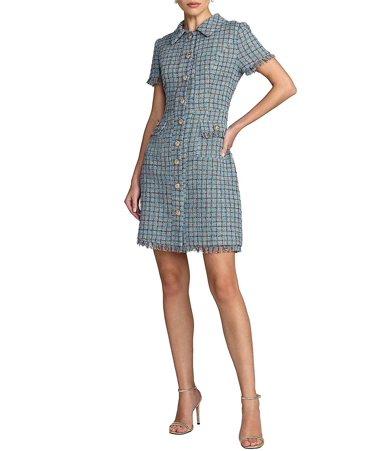 Mac Duggal Boucle Short Sleeve Collared Mini Dress