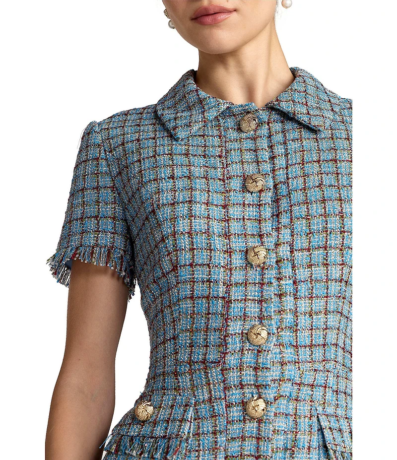 Mac Duggal Boucle Short Sleeve Collared Mini Dress