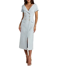 Mac Duggal Boucle Short Sleeve Fitted Midi Dress