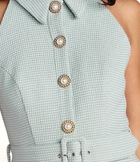 Mac Duggal Boucle Sleeveless Button Up Pleated Mini Dress