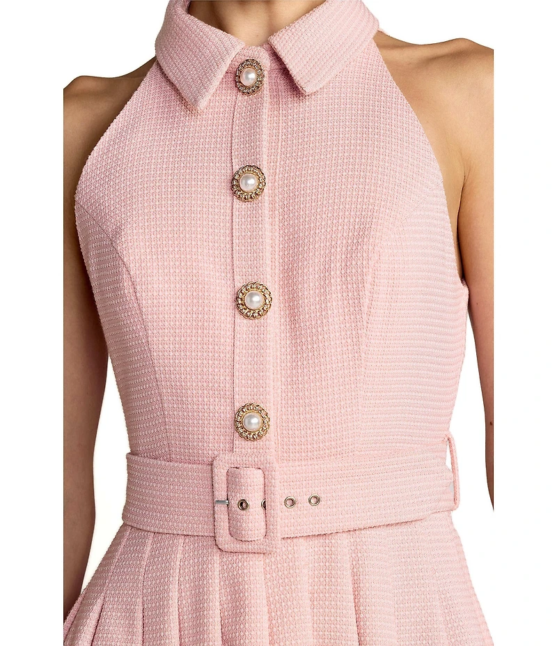 Mac Duggal Boucle Sleeveless Button Up Pleated Mini Dress