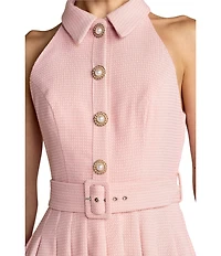 Mac Duggal Boucle Sleeveless Button Up Pleated Mini Dress