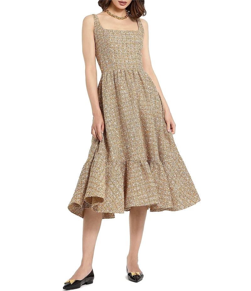 Mac Duggal Boucle Sleeveless Square Neck A-Line Midi Dress
