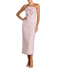 Mac Duggal Boucle Strapless Midi Dress With 3D Flower