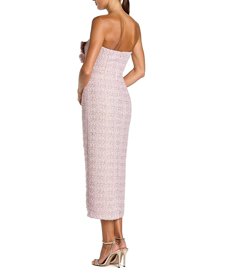 Mac Duggal Boucle Strapless Midi Dress With 3D Flower