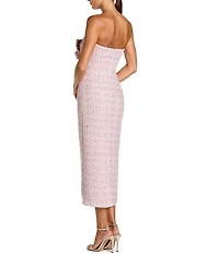 Mac Duggal Boucle Strapless Midi Dress With 3D Flower