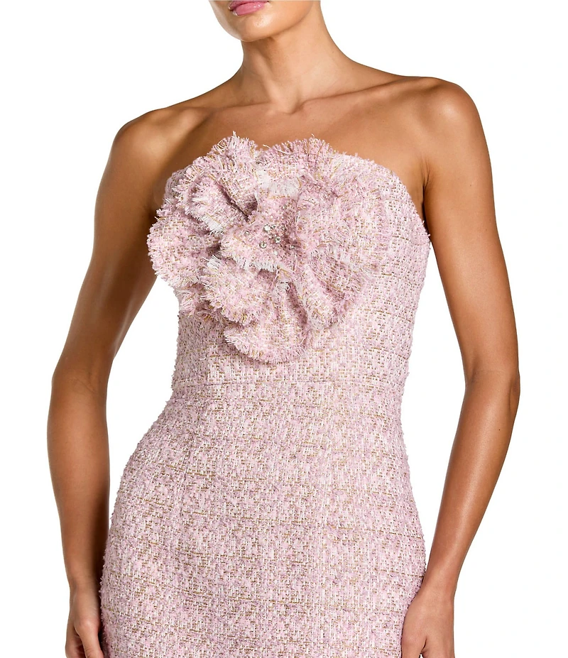 Mac Duggal Boucle Strapless Midi Dress With 3D Flower