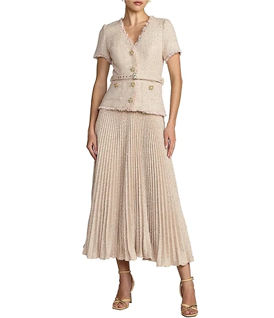 Mac Duggal Boucle Top With Pleated Chiffon Skirt Midi Dress