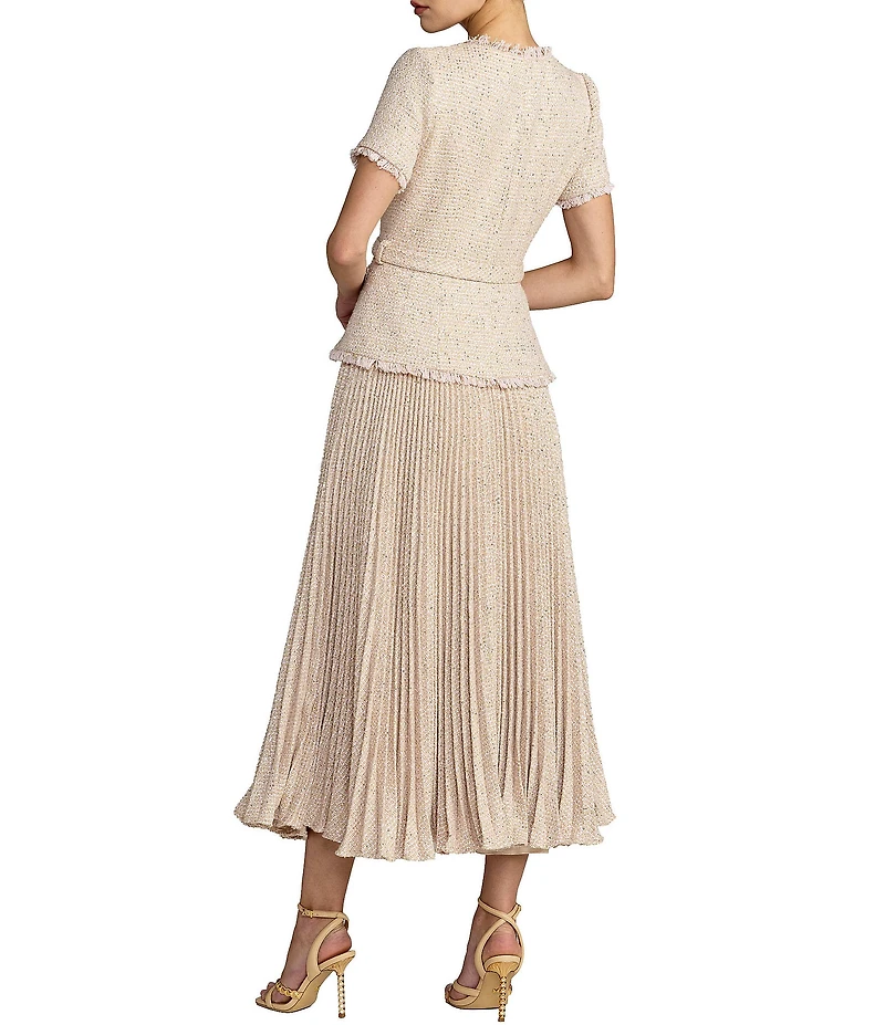 Mac Duggal Boucle Top With Pleated Chiffon Skirt Midi Dress