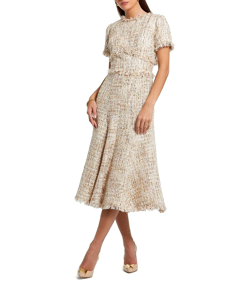 Mac Duggal Boucle Tweed Short Sleeve A-Line Midi Dress