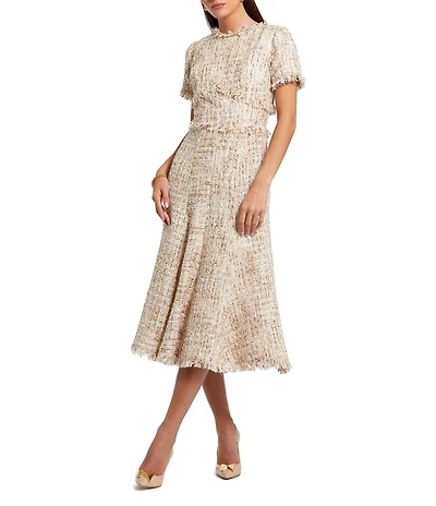 Mac Duggal Boucle Tweed Short Sleeve A-Line Midi Dress