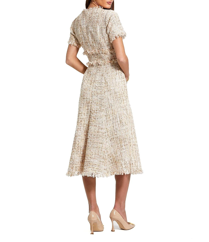 Mac Duggal Boucle Tweed Short Sleeve A-Line Midi Dress