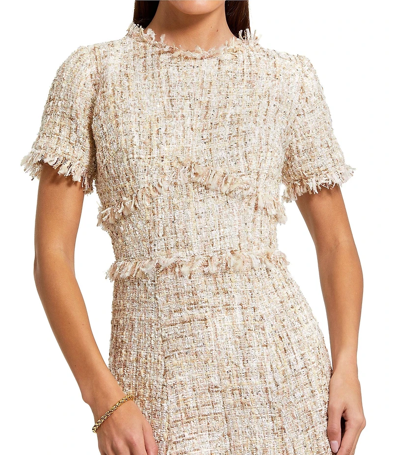 Mac Duggal Boucle Tweed Short Sleeve A-Line Midi Dress