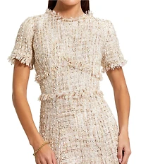 Mac Duggal Boucle Tweed Short Sleeve A-Line Midi Dress