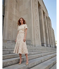 Mac Duggal Boucle Tweed Short Sleeve A-Line Midi Dress